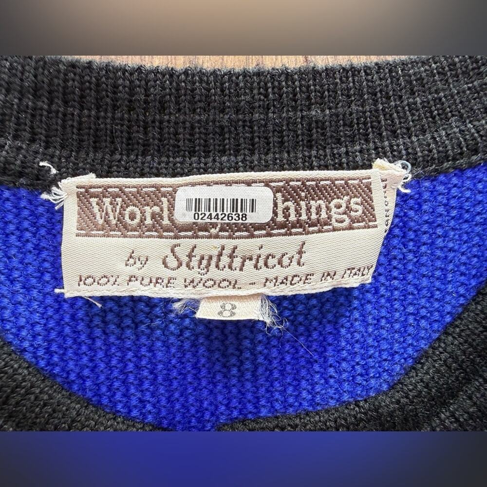 Vintage Worldly Things Styltricot Wool Sweater Jacket Blue Gold Lion Buttons 8 - Picture 9 of 14